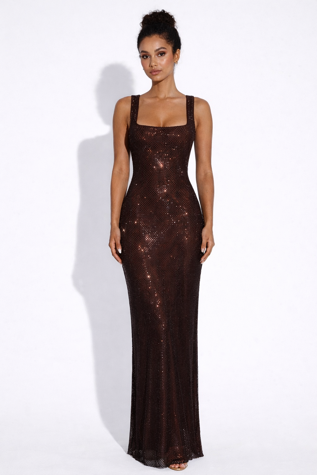 Olivia | Embellished Square Neck Crystal Mesh Maxi Dress