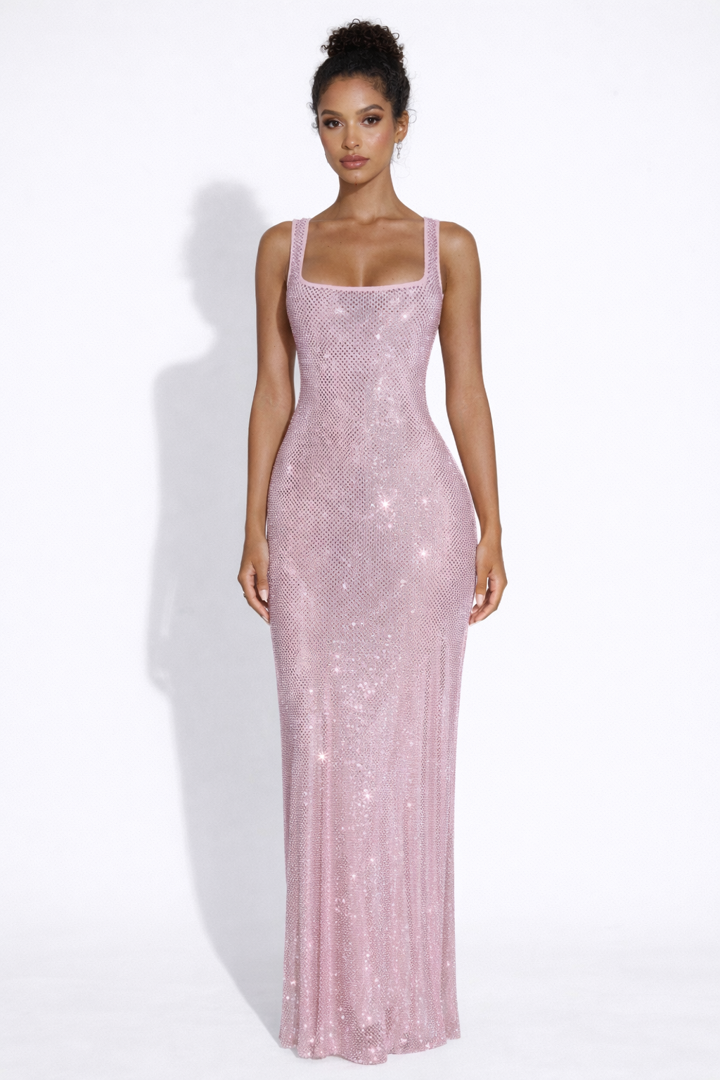 Olivia | Embellished Square Neck Crystal Mesh Maxi Dress