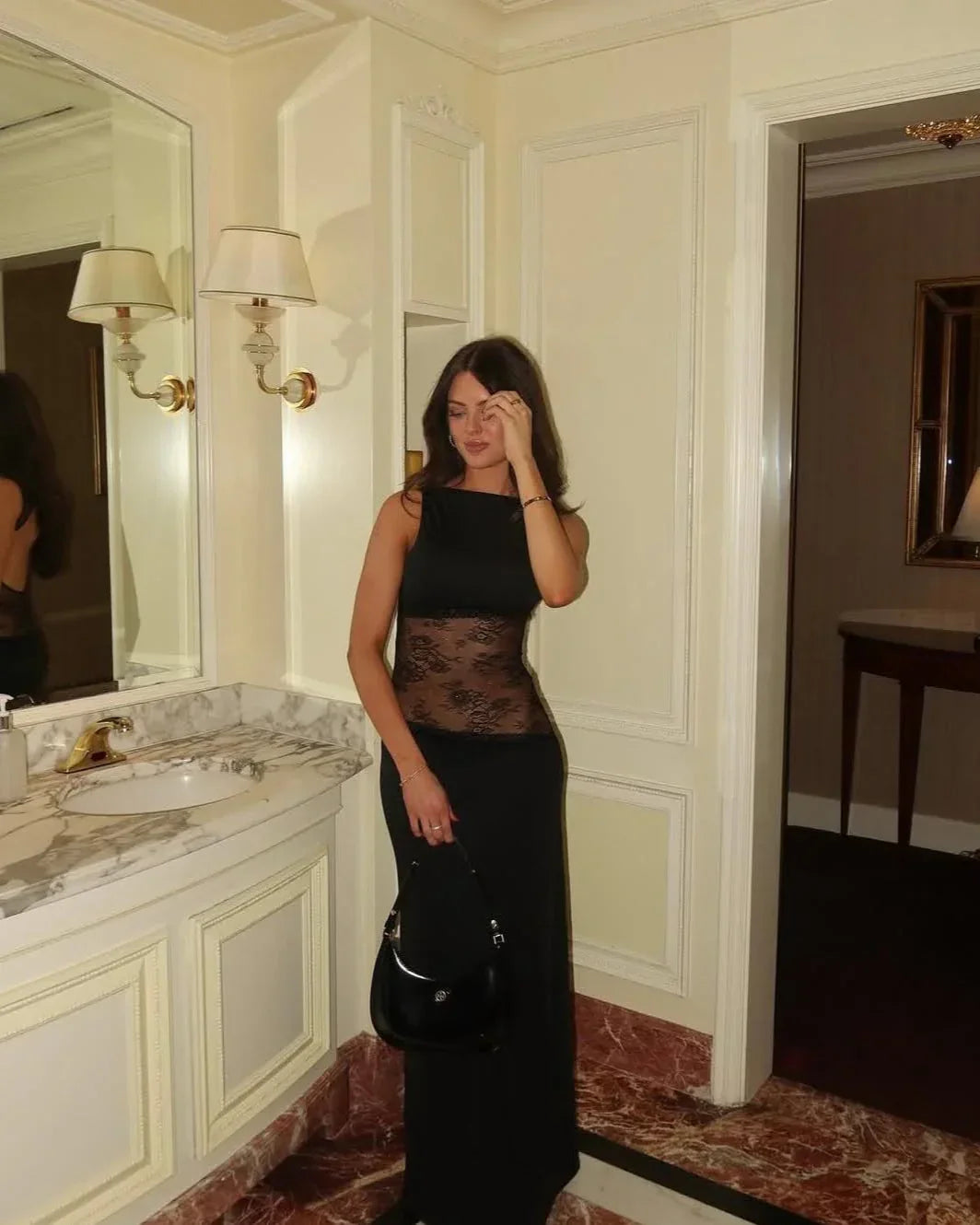 Aaliyah | Women's Black Backless Lace Sleeveless Maxi Dress