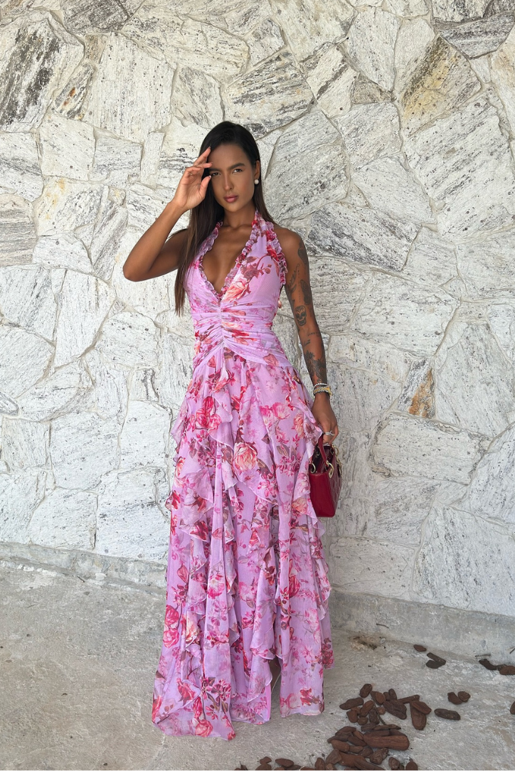 Coral | Women's Pink Floral Sleeveless Ruffle Maxi Wedding Guest Dress