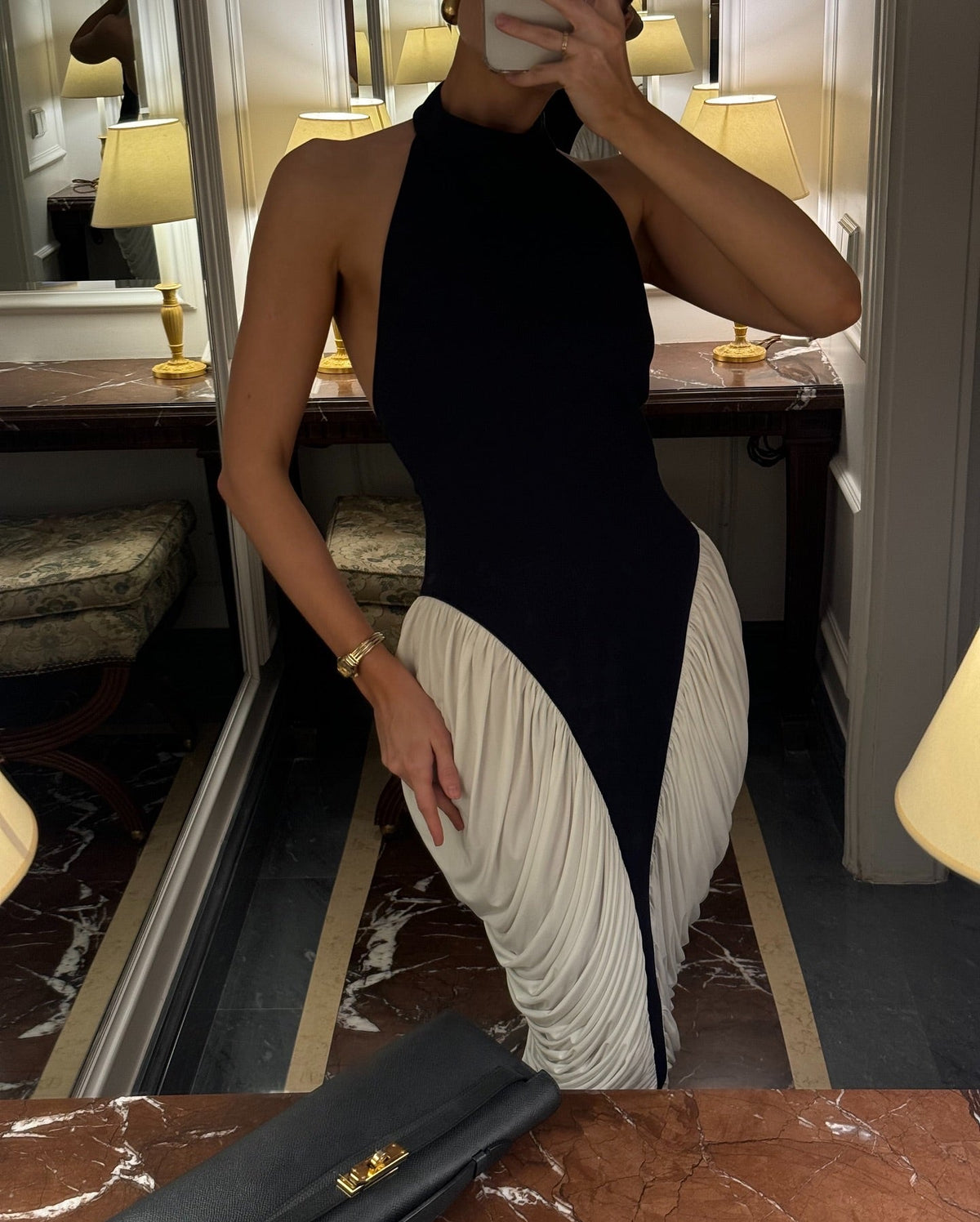 Francesca | Women's Black & White  High-Neck Sleeveless Backless Pleated Midi Dress