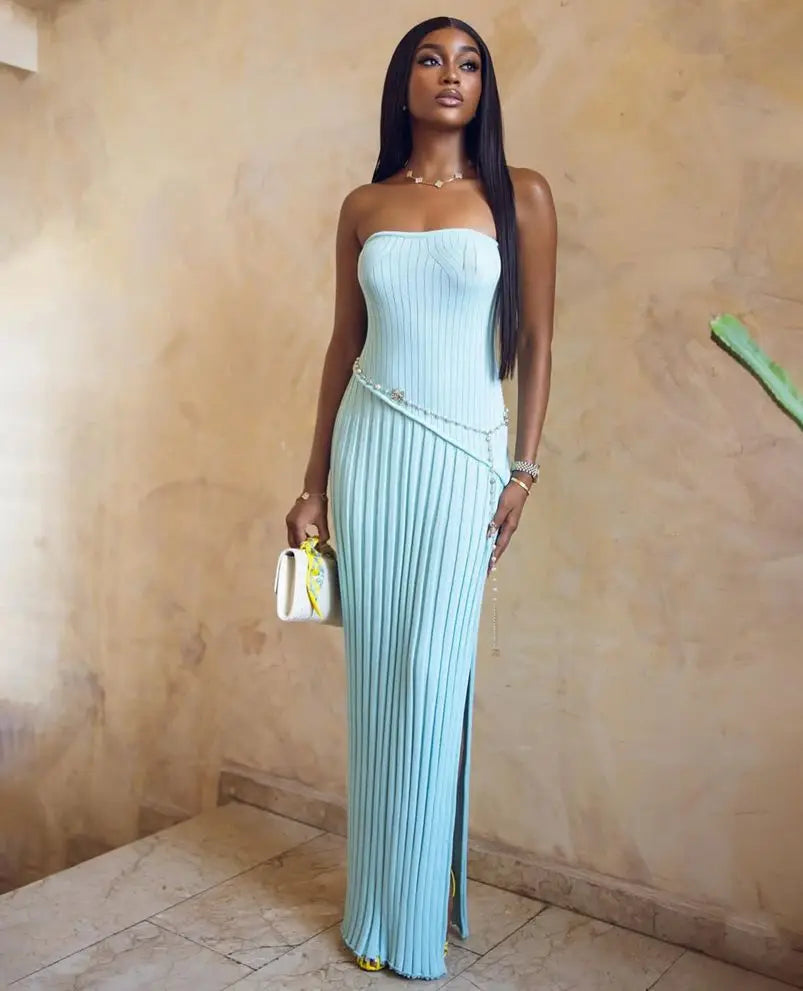 Isadora | Women's Sky Blue Strapless Side-Slit Knit Maxi Summer Dress