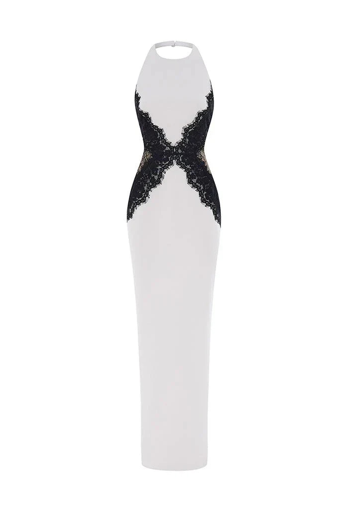 Kaira | Women's Black & White High-Neck Halter Backless Lace Maxi Dress