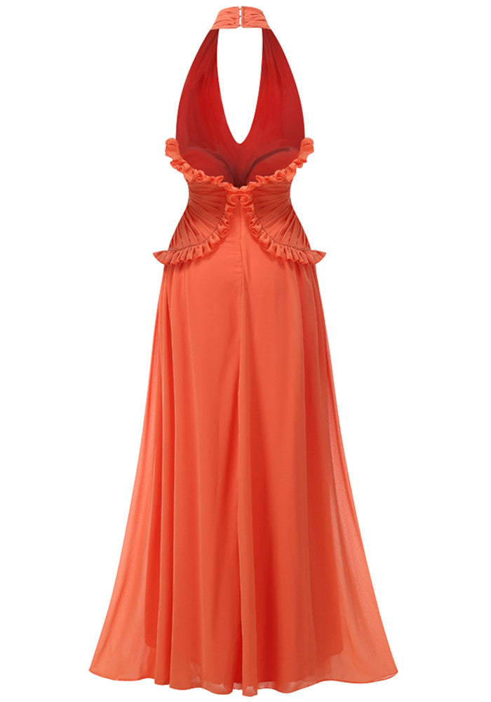 Marlowe | Women's Orange Halter Ruffle A-Line Maxi Wedding Guest Dress