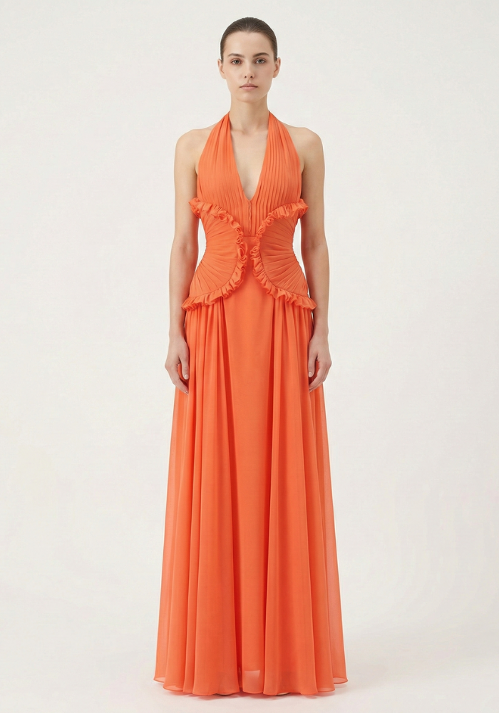 Marlowe | Women's Orange Halter Ruffle A-Line Maxi Wedding Guest Dress