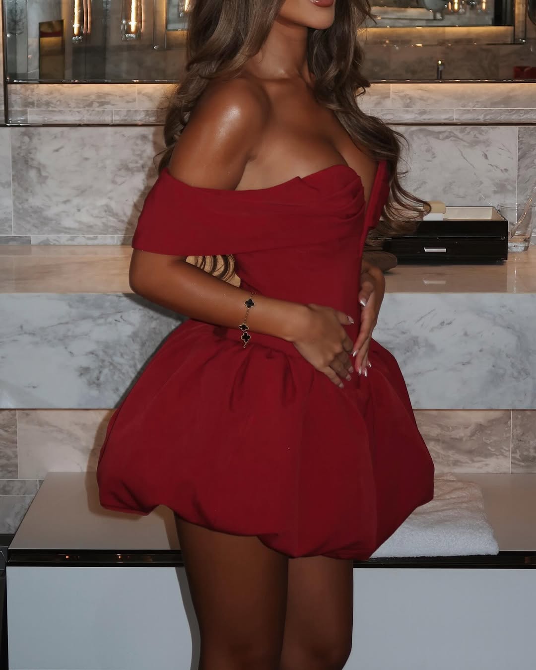 Nina | Off-Shoulder Deep Plunging V-cut  Bubble Mini Dress