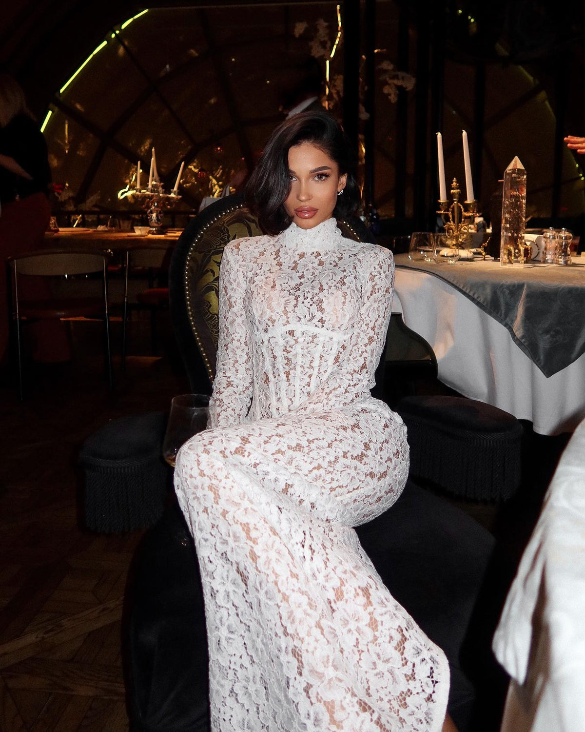Raina | Women's White High-Neck Long-Sleeve Corset-Inspired Lace Maxi Dress