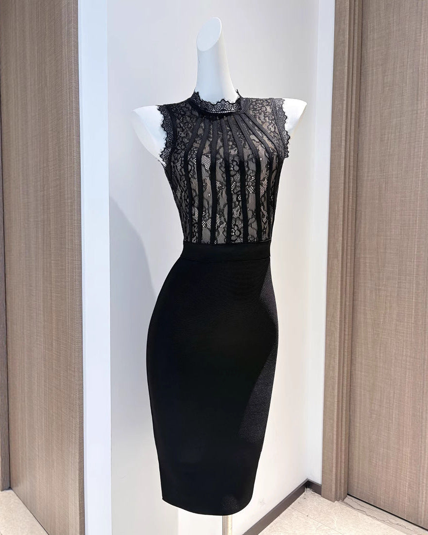 Roxanne | Women's Blck High-neck Lace Bodycon Mini Dress