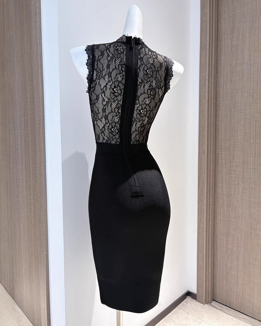 Roxanne | Women's Blck High-neck Lace Bodycon Mini Dress