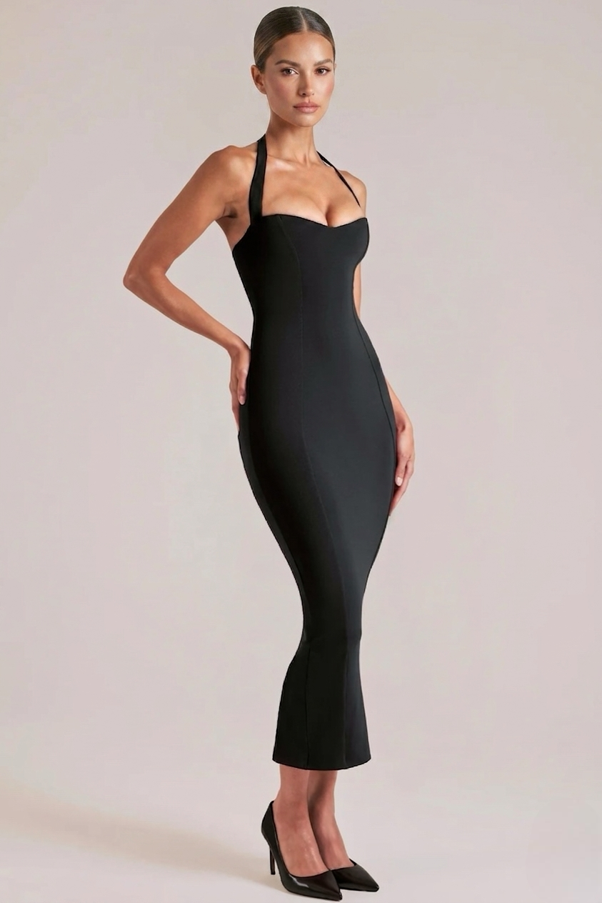 Clara | Halter Sweetheart Midi Sculpting with Fluted Hem Dress