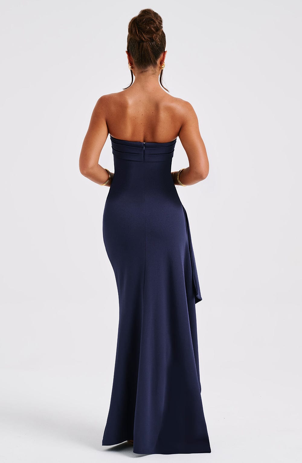 Meadow | Strapless Ruched Crepe Thigh-High Split Maxi Dress