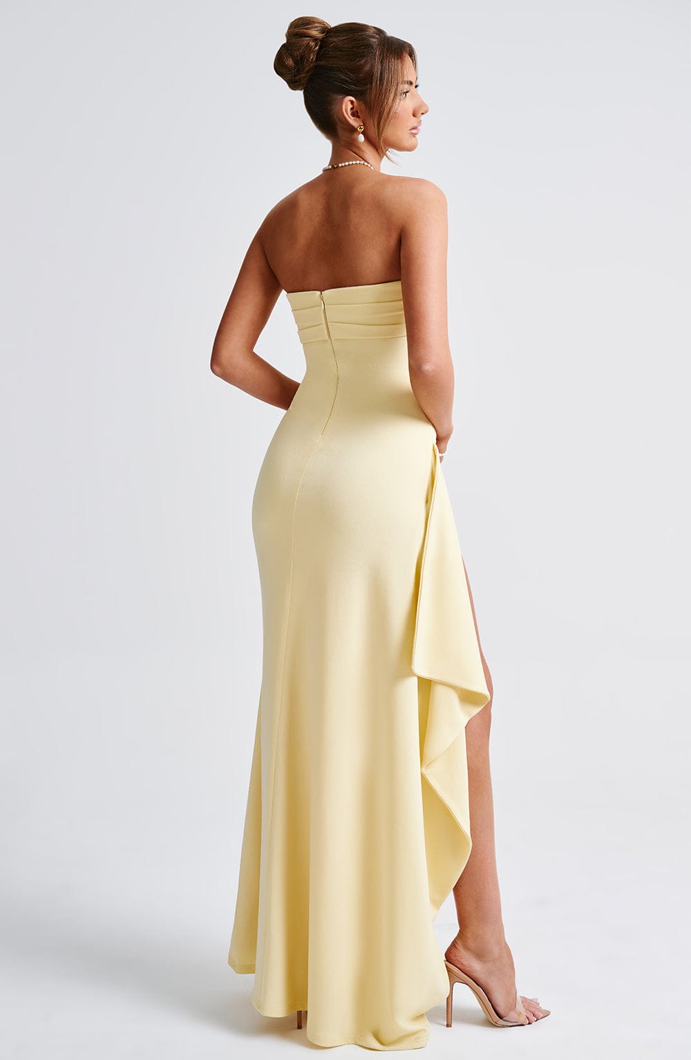 Meadow | Strapless Ruched Crepe Thigh-High Split Maxi Dress