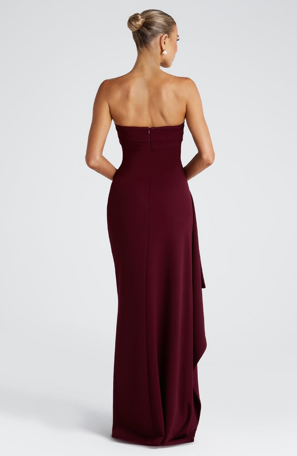 Meadow | Strapless Ruched Crepe Thigh-High Split Maxi Dress