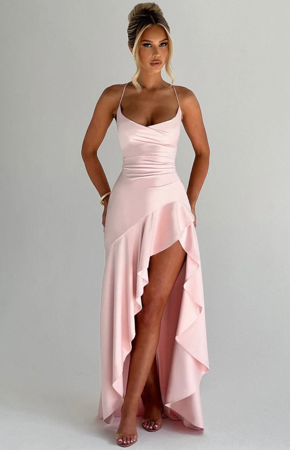Lucia | High-Low Ruffle Hem Satin Twist Cowl Maxi Dress
