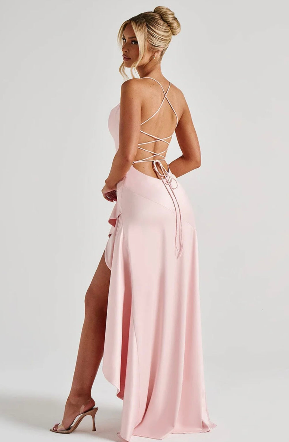 Lucia | High-Low Ruffle Hem Satin Twist Cowl Maxi Dress