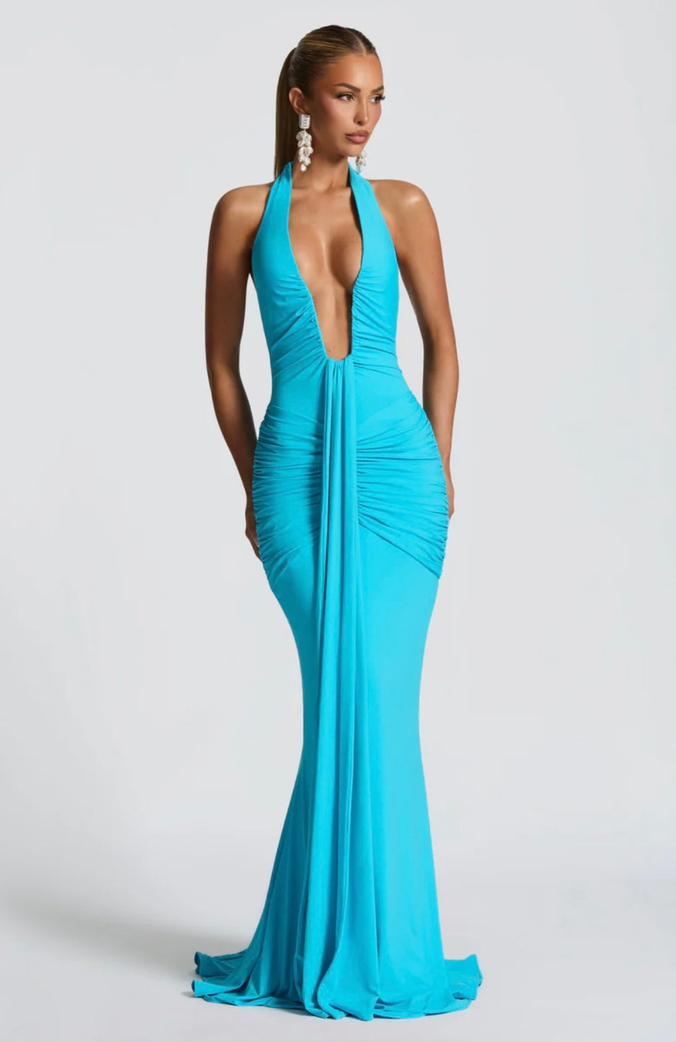 Natasha | Ruched Bodycon Plunging Halter Maxi Dress