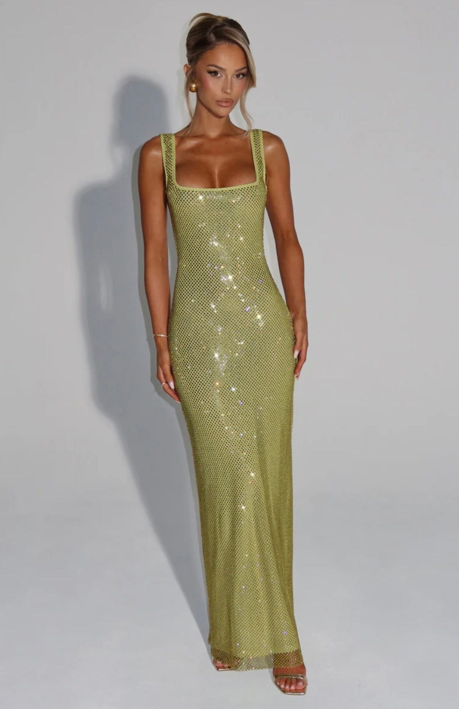 Olivia | Embellished Square Neck Crystal Mesh Maxi Dress