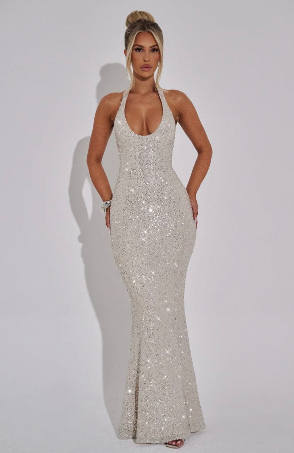 Estara | Contoured Fishtail Embellished Halter Maxi Dress