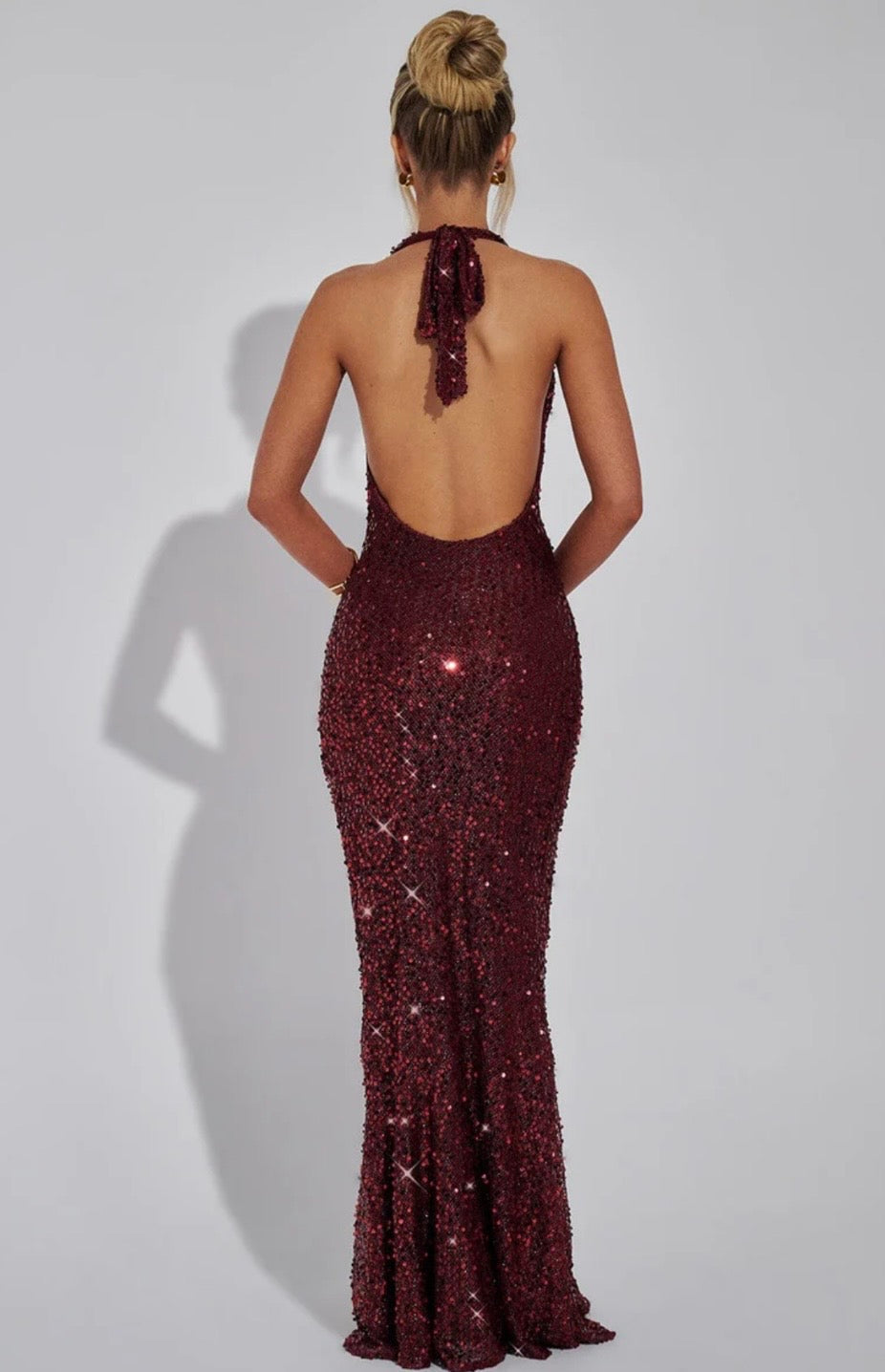 Stellara | Embellished Open Back Sequin Net Halter Maxi Dress