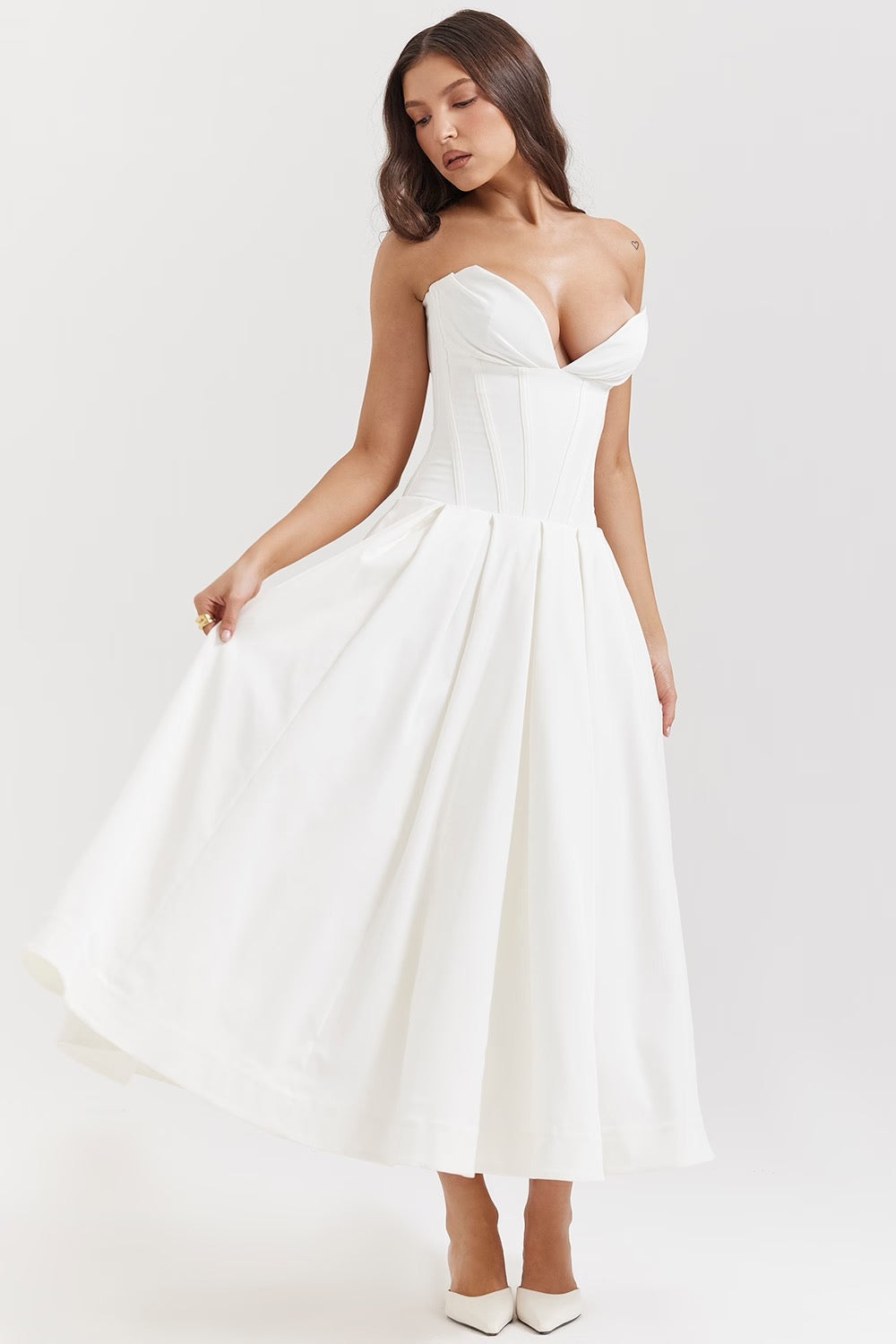 Nyssa | Full Pleated Romantic Silhouette Boned Corset Midi Dress