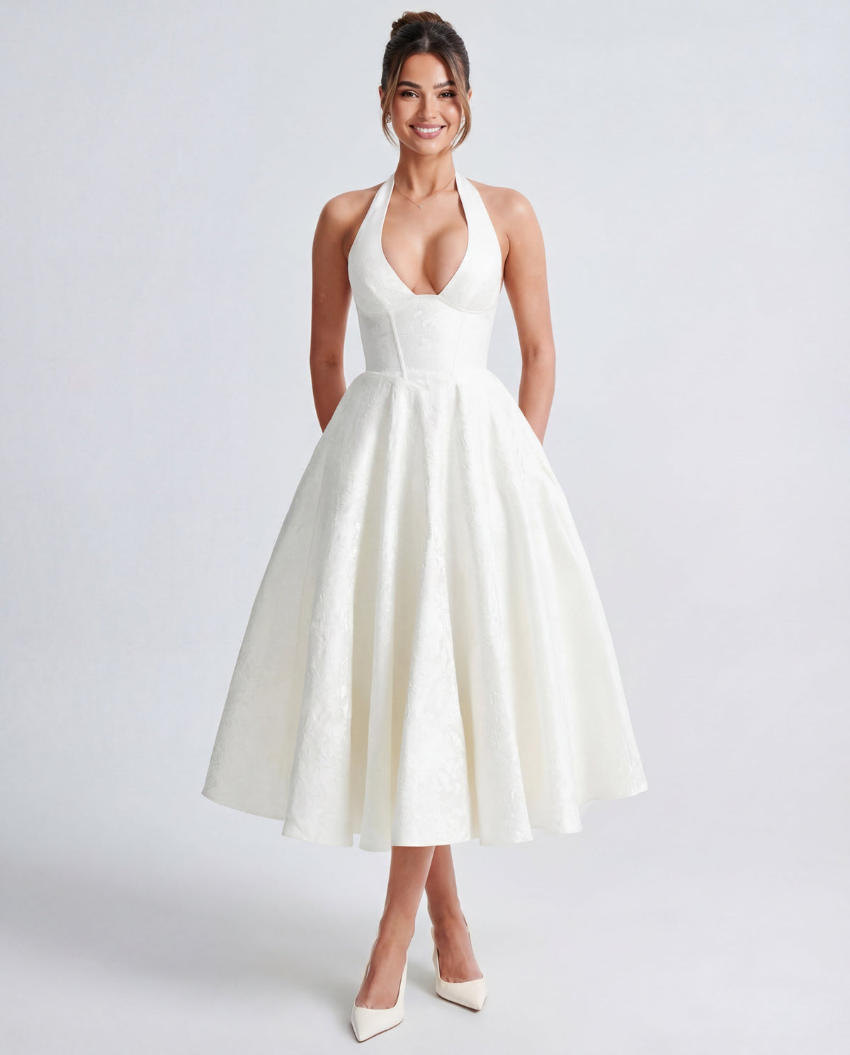 Evelyn | Halterneck Bustier Textured Jacquard Midi Dress