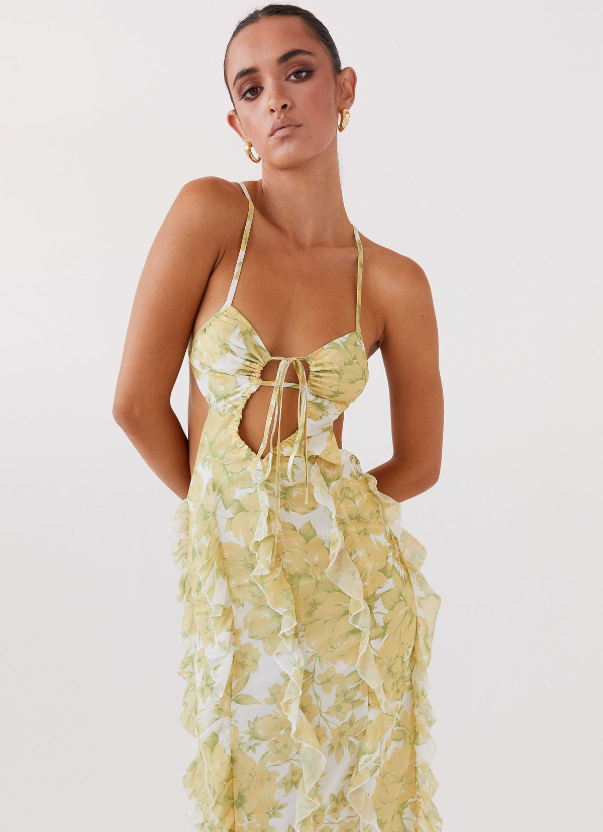 Marly | Side Cut-Out Floral Halter Maxi Dress with Ruffle Detail