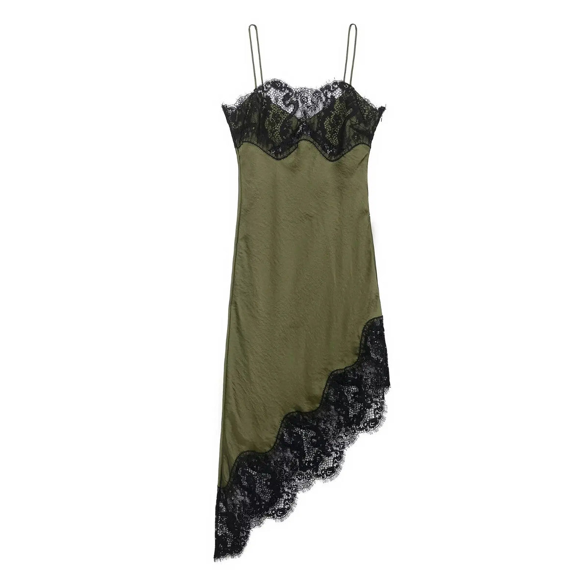 Scarlett | Asymmetric Scalloped HemLace Bustier Satin Midi Dress