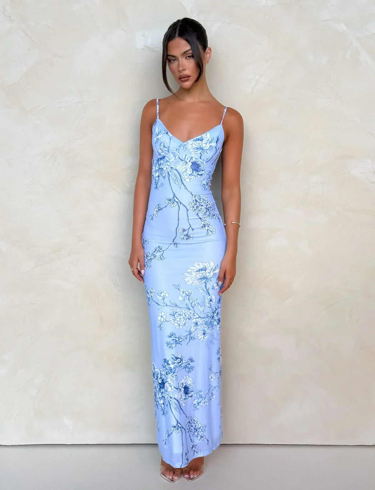 Julie | Elegant Printed Sleeveless  Rose Stripe Flowy Maxi Dress