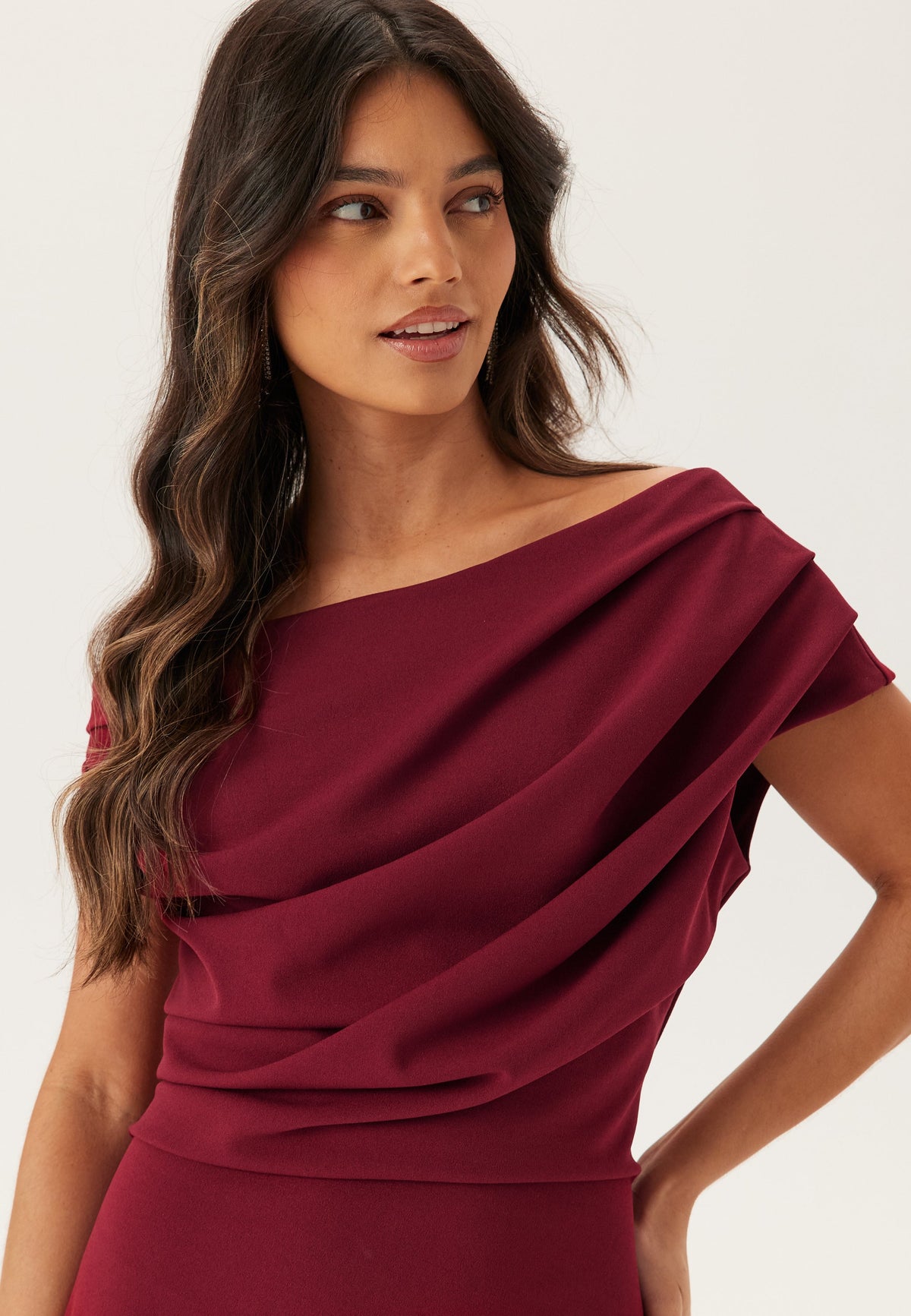 Kiara | Burgundy One-Shoulder Draped Maxi Dress