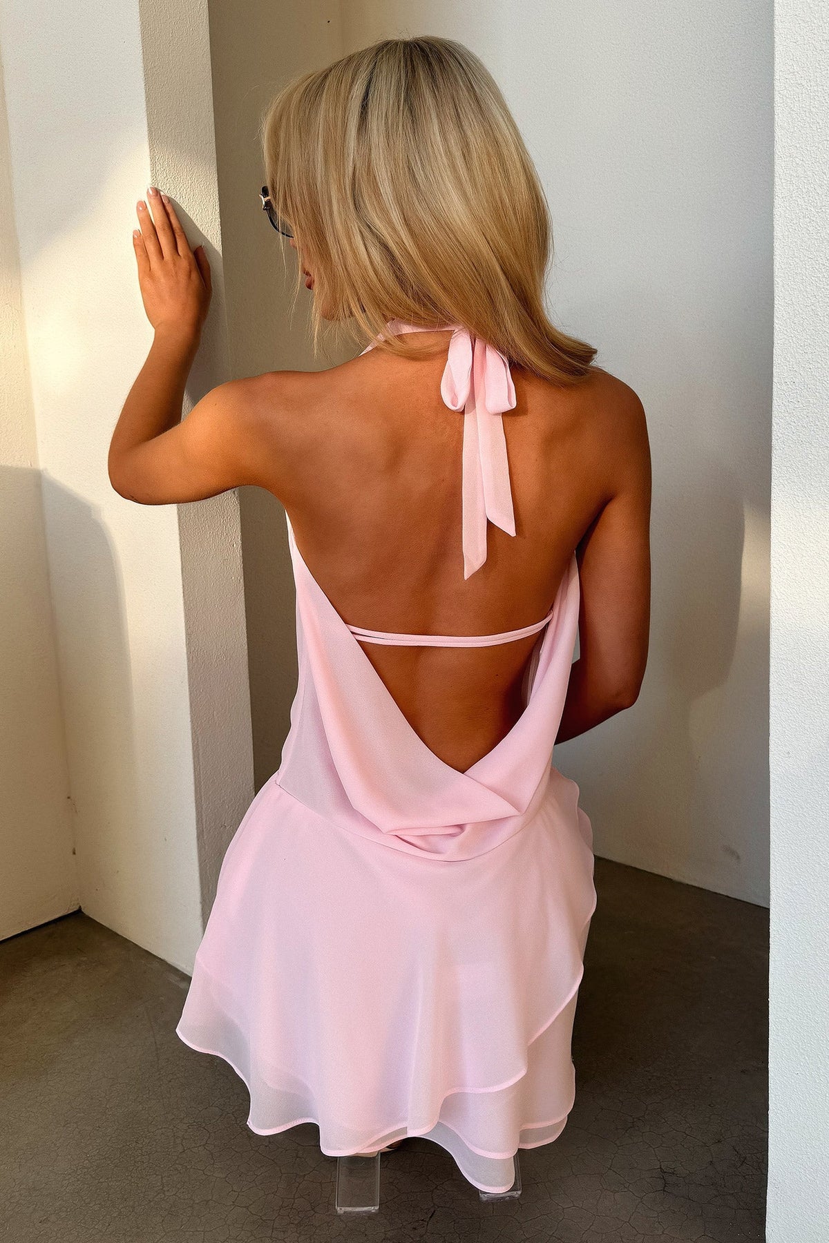 Coco | Flowy Open Back Plunge Halter Mini Dress