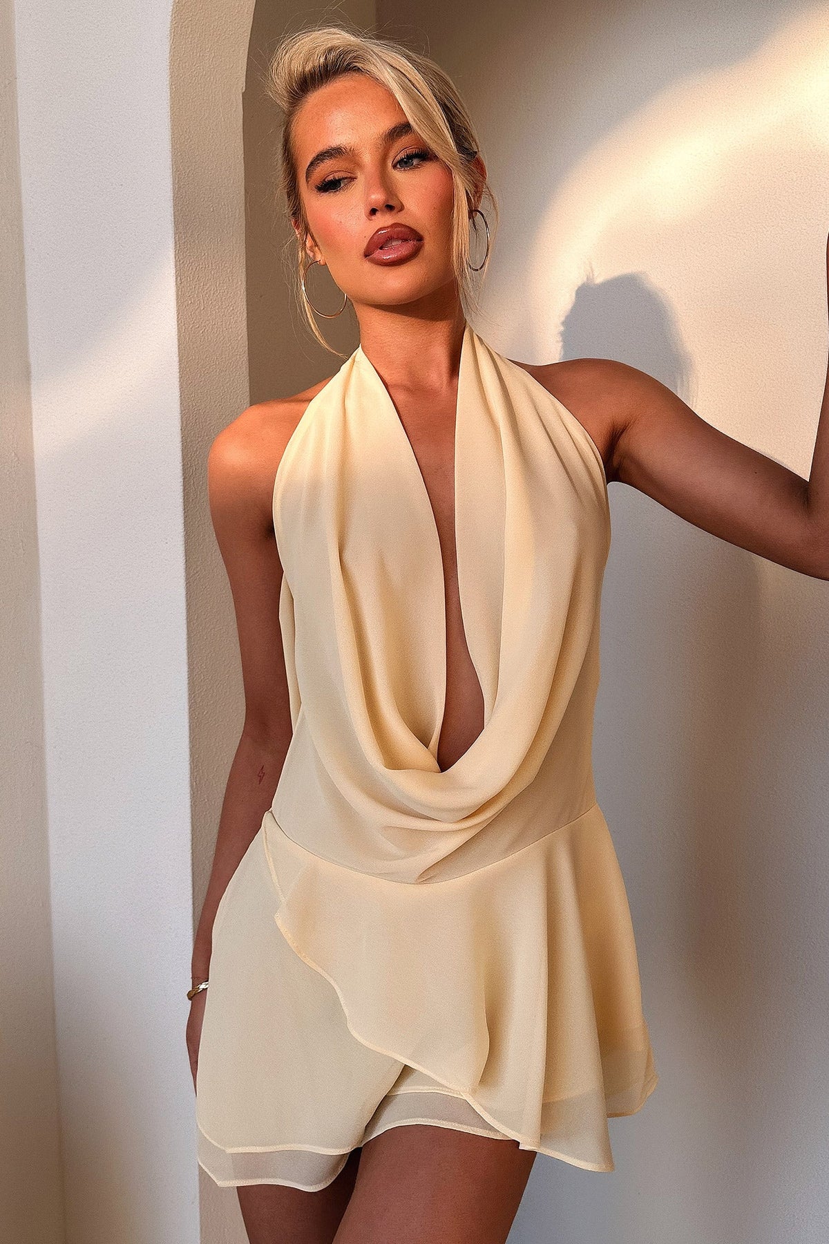 Coco | Flowy Open Back Plunge Halter Mini Dress