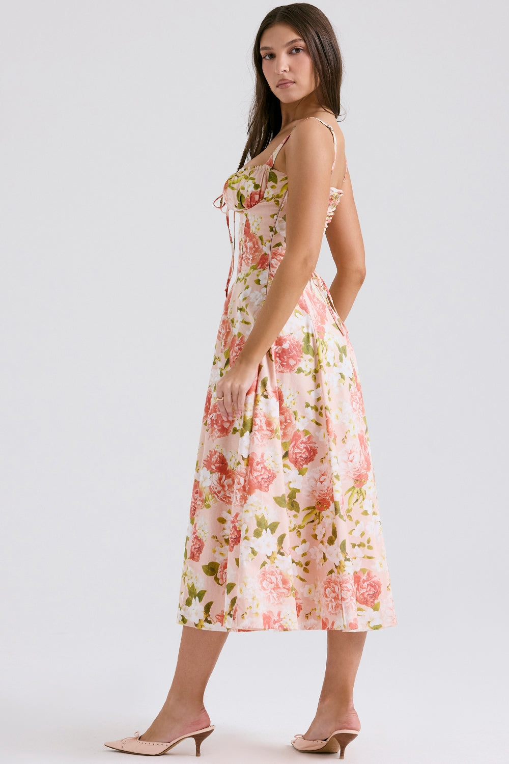 Carmen | Pink Peony Lace Up Back Floral Side Split Midi Dress