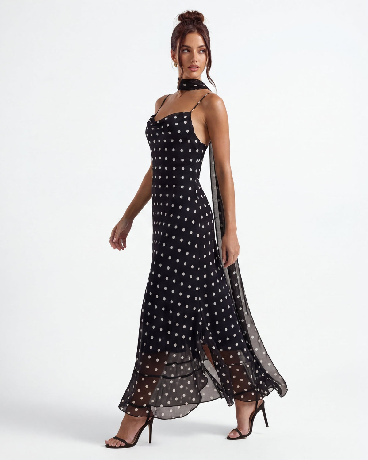 Noir | Polka Dot Maxi Dress Body-Skimming Silhouette with Sheer Hem