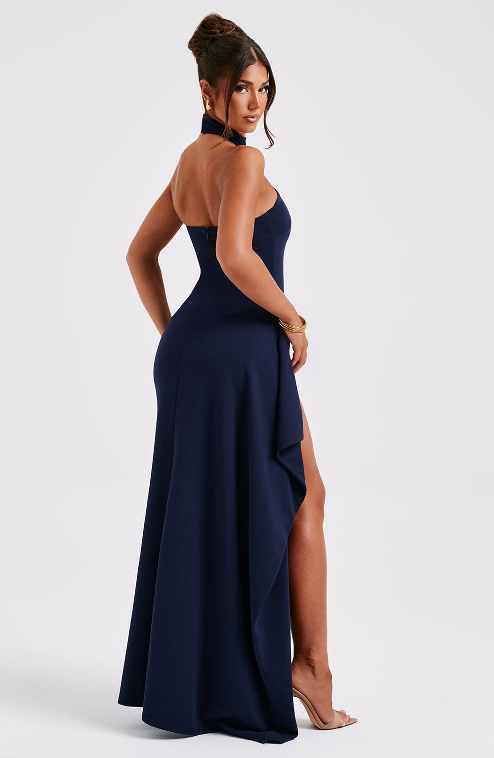 Isadora | High Neck Stretch Crepe Maxi Dress with Drape Split
