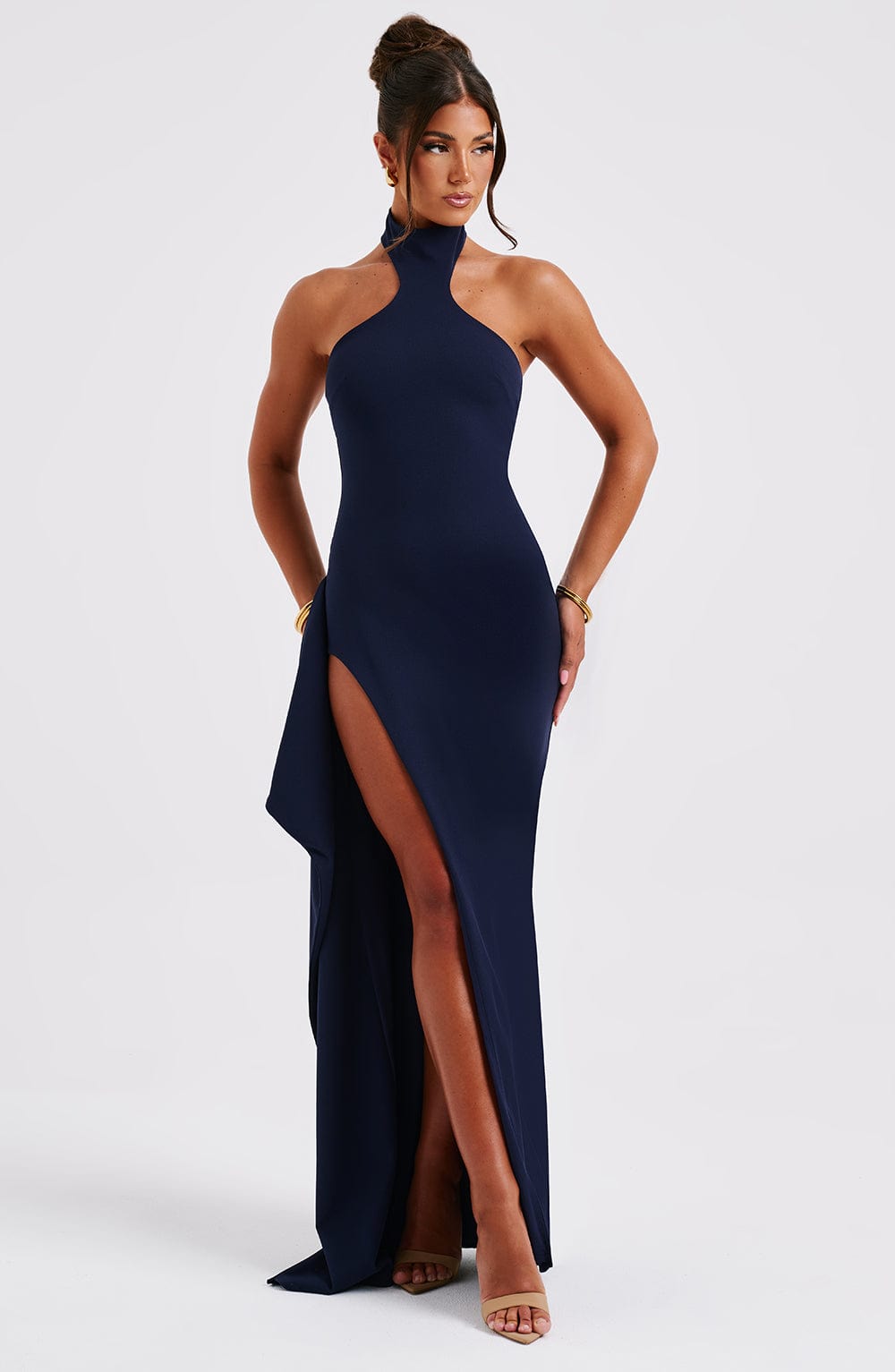 Isadora | High Neck Stretch Crepe Maxi Dress with Drape Split