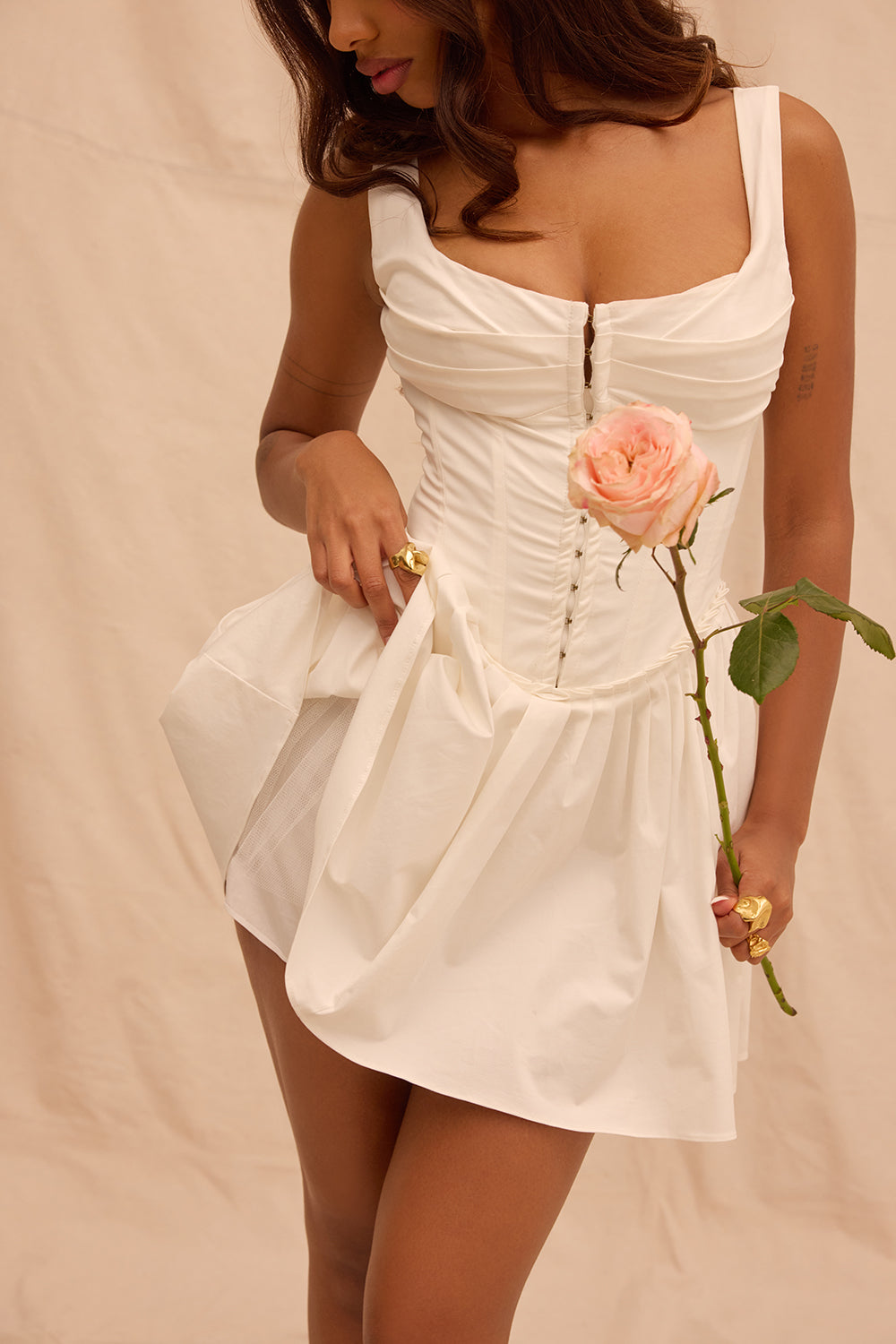 Cupido | White Stretch Twill Mini Dress – Romantic Tulle Layered Date Night Gown