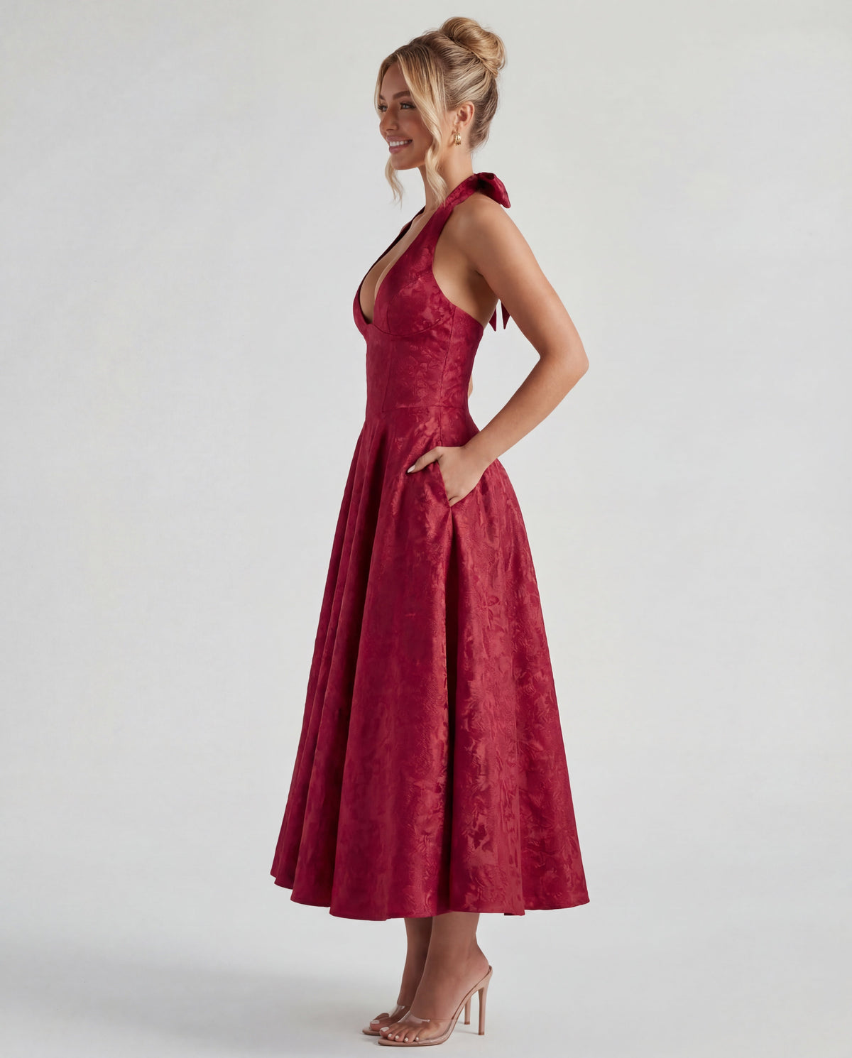 Evelyn | Halterneck Bustier Textured Jacquard Midi Dress