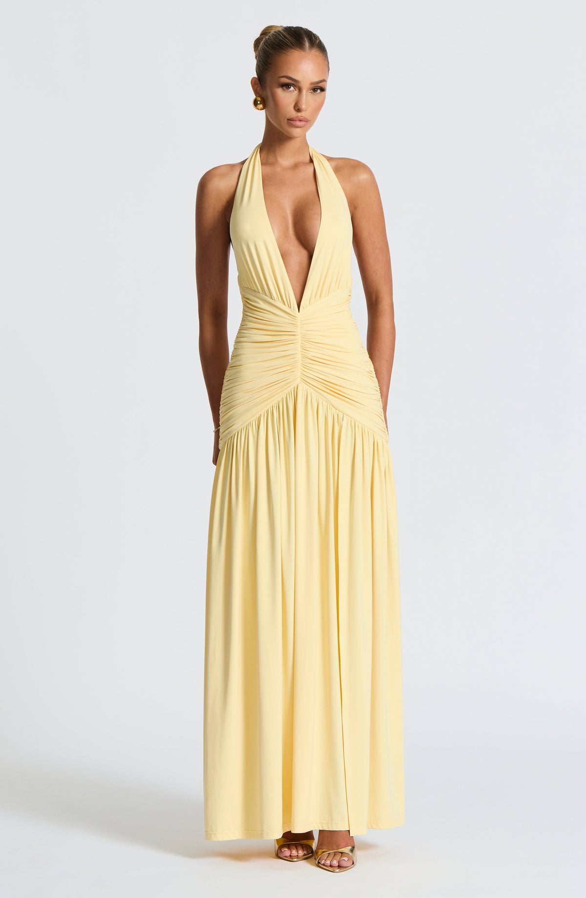 Melania | Women's Lemon Halterneck Maxi Dress with Thigh Split