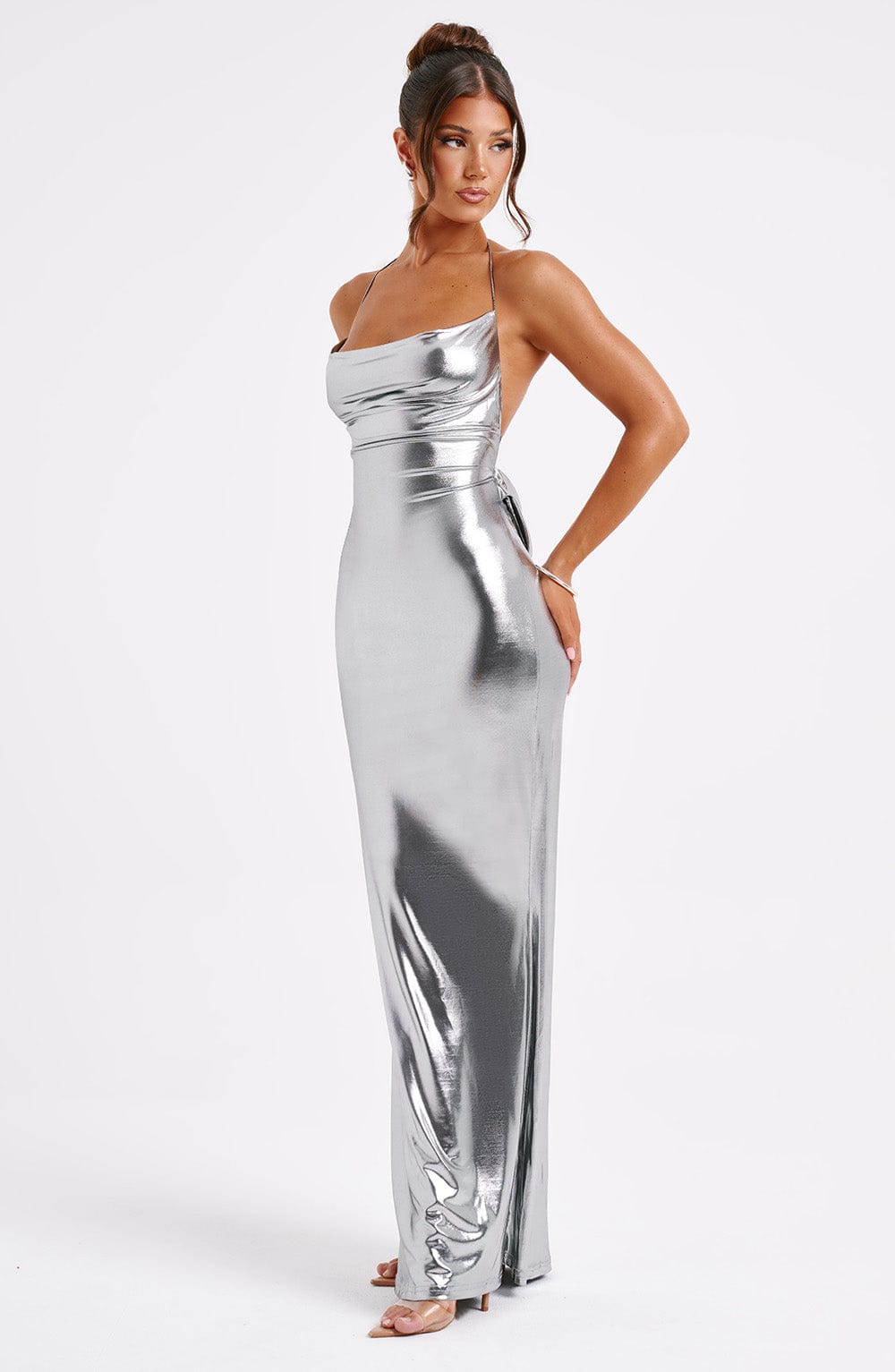Vivienne | Gunmetal Metallic Maxi Dress – Backless Evening Gown