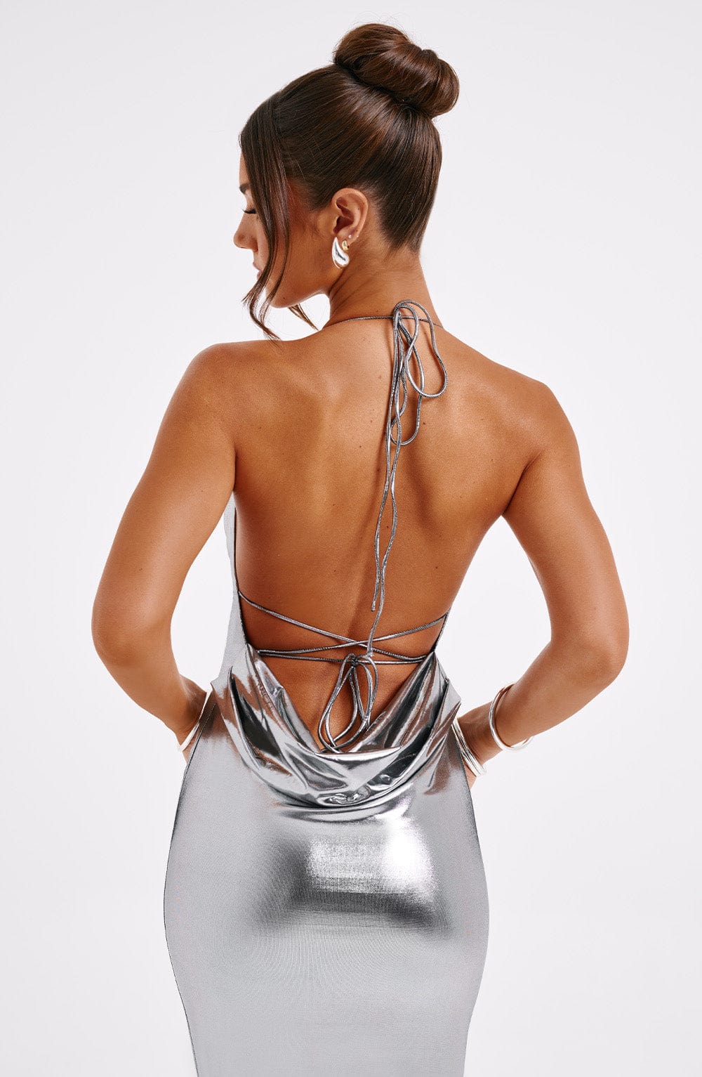 Vivienne | Gunmetal Metallic Maxi Dress – Backless Evening Gown