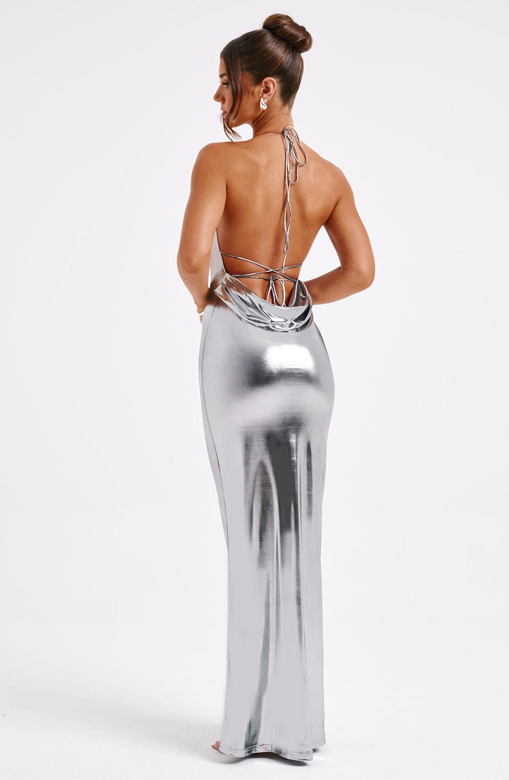 Vivienne | Gunmetal Metallic Maxi Dress – Backless Evening Gown